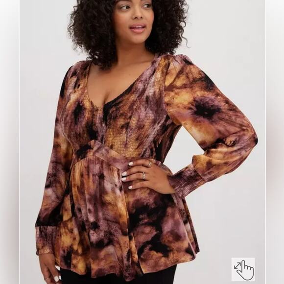 TORRID Babydoll Crinkle Gauze Smocked Top Black Mauve Tie Dye Size 0 = Med = 10 - Picture 1 of 11